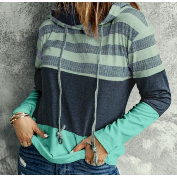 Pullover Hoodie Stripe Colorblock Womens Top Sz XL Green Blue Long Sleeve Shirt - Picture 6 of 16